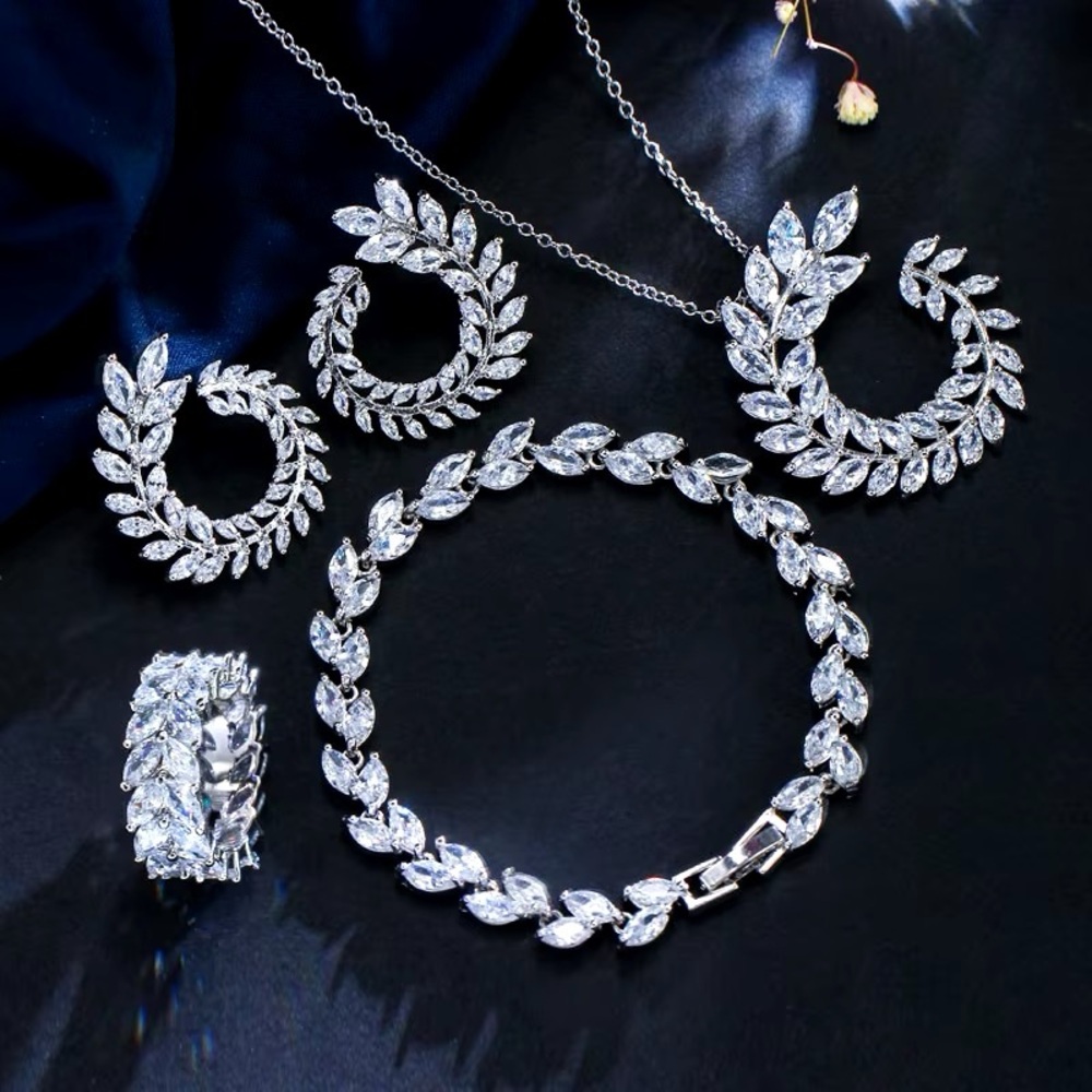 ✨CLEARANCE✨ 4 Pcs Set 925 Sterling Silver CZ Necklace, Earrings, Bracelet, Ring